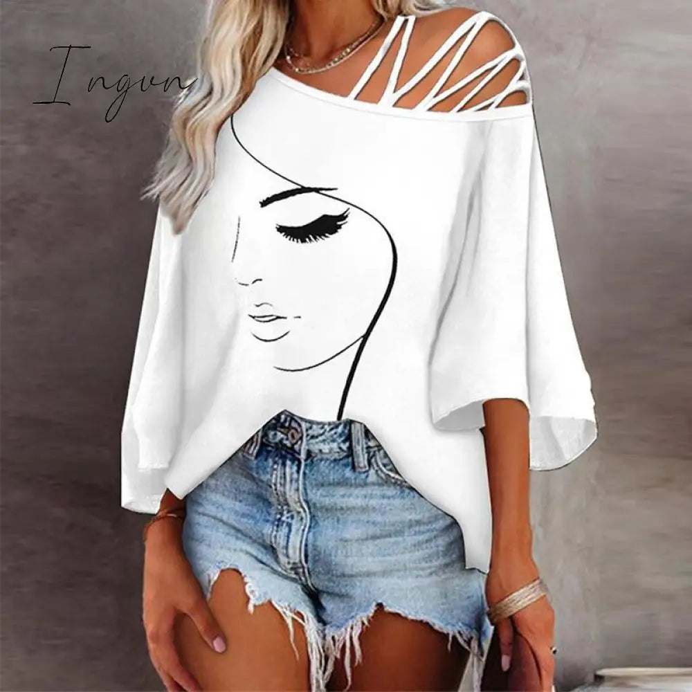 Ingvn - Retro Abstract Print Women Tee Shirts Spring Skew Collar Bandage Hollow Top Pullover Autumn Half Sleeve Office Lady T-shirt