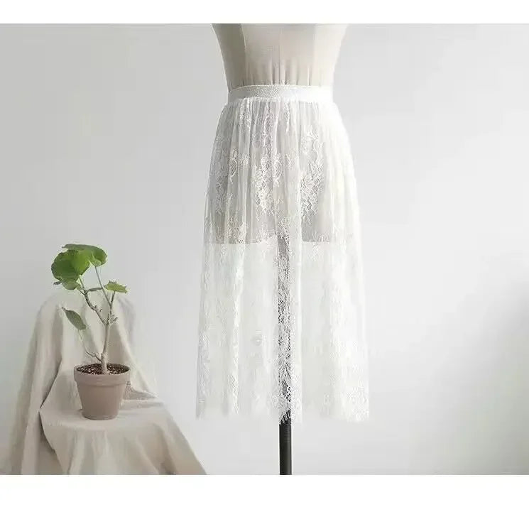 2 Length Elegant Black Skirt White Lace Transparent Long Tulle Skirt Ladies Elastic High Waist Beach Midi Skirt