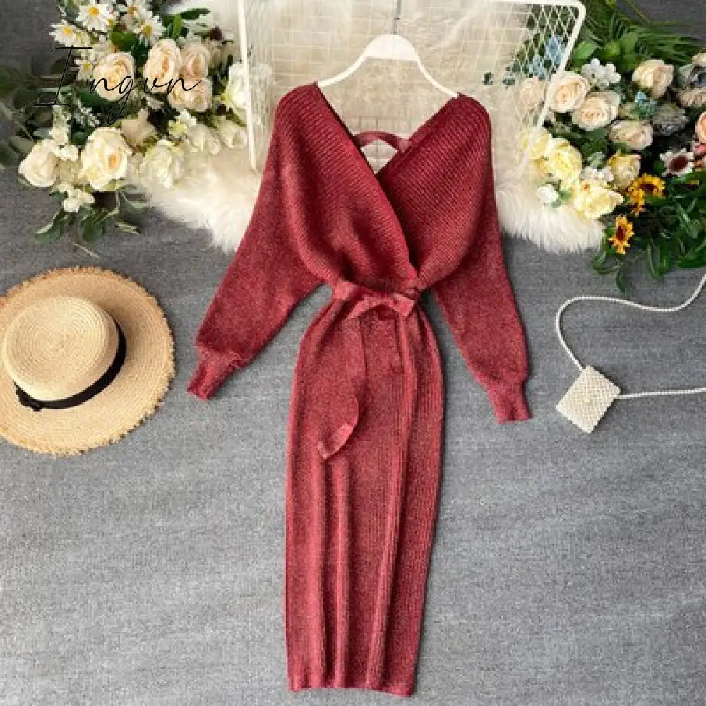 Ingvn - Sparkling Sexy Party Dress Woman Sweater Elegant Slim V-Neck Basic Knitted Green Vintage Dresses Female Autumn Winter Bat Sleeve