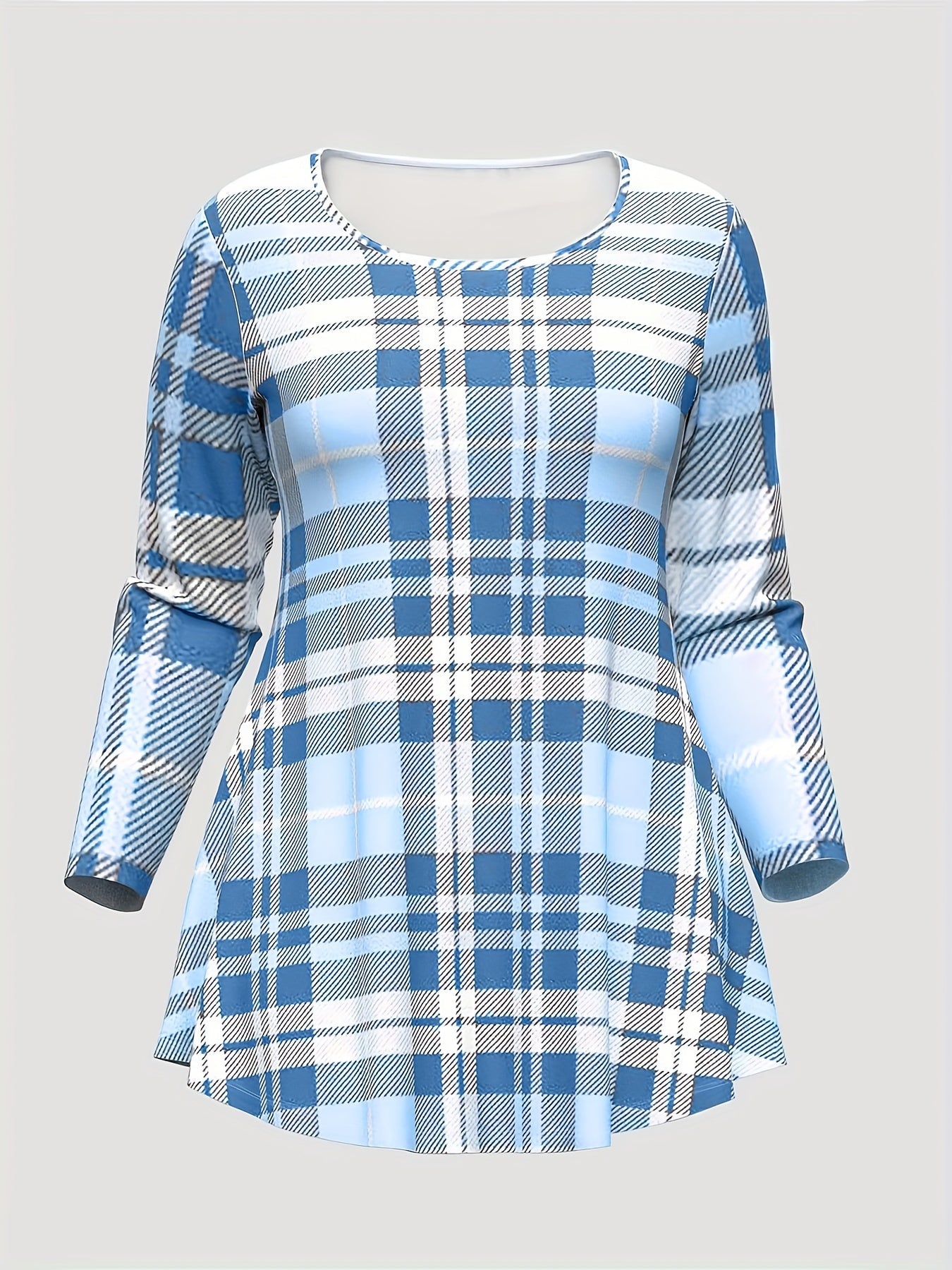 Women's Casual Outfits Set, Plus Size Plaid Print Long Sleeve Round Neck Top & Flared Leg Pants Outfits 2 Piece Set
