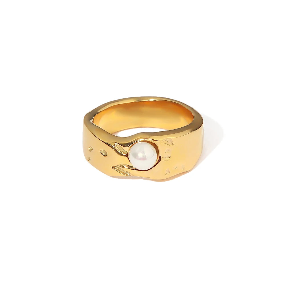 INGVN   Vintage Style Ring 18K PVD gold plated Fresh Water Pearl Stainless Steel Jewelry Elegant Imitation Ring Accessories New