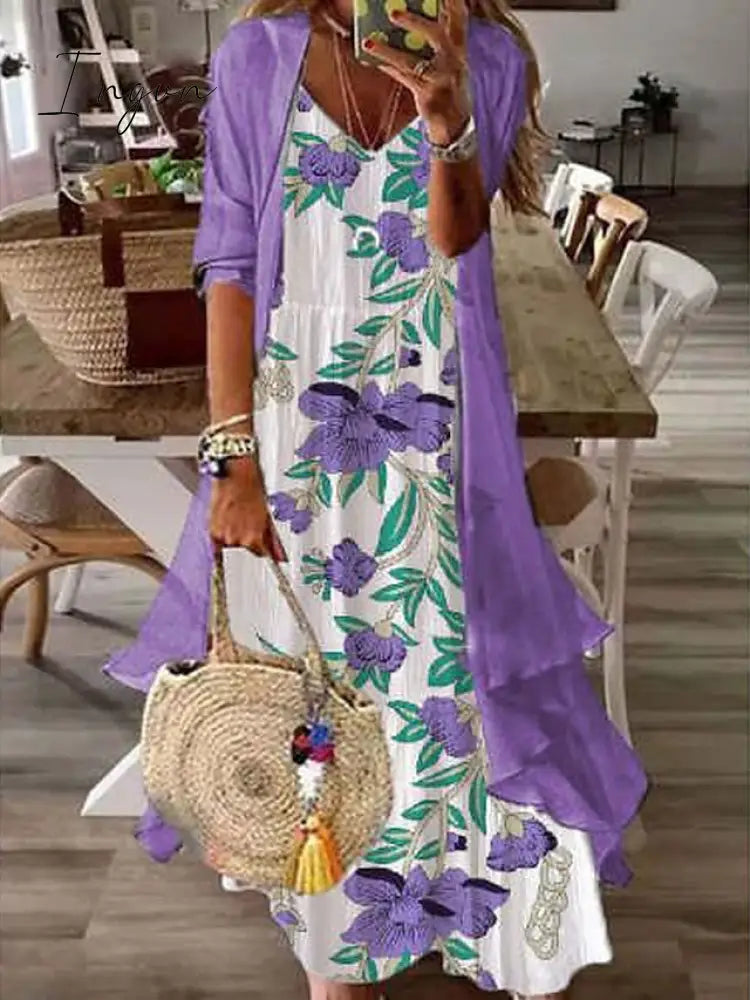 Ingvn - Women's Two Piece Dress Set Print Dress Daily Vacation Casual Print Maxi Dress V Neck 3/4 Length Sleeve Floral Loose Fit White Purple Green Summer Spring S M L XL XXL