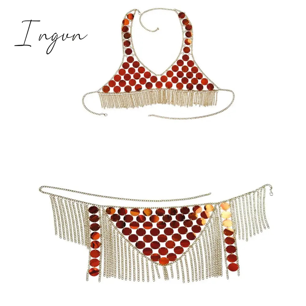 Ingvn - Trends Fashion Gradient Color Shiny Sequins Dots Two Piece Set Low Cut Backless Sleeveless Crop Tops Tassel Mini Skirt Sexy Beach Outfits
