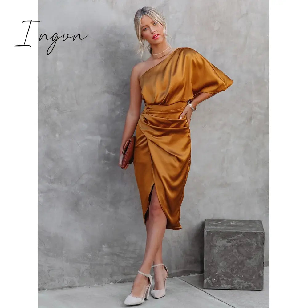 Ingvn - Sexy Party Satin Silk Autumn Winter Dress For Women Short Sleeve One Shoulder High Split Bandage Long Dresses Summer New