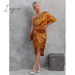 Ingvn - Sexy Party Satin Silk Autumn Winter Dress For Women Short Sleeve One Shoulder High Split Bandage Long Dresses Summer New