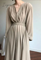 Ingvn - New Lace Up Buttons Women Spring Summer Dresses Fashionable V-Neck Vintage Oversized Lady Pure Long Dress DR1150