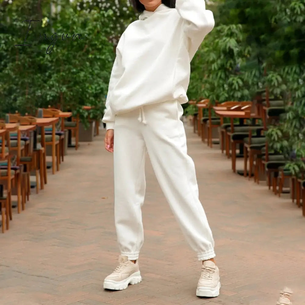 Ingvn - Women Elegant Solid Sets For Women Warm Hoodie Sweatshirts And Long Pant Fashion Two Piece Sets Ladies Lace Up Sweatshirt Suits