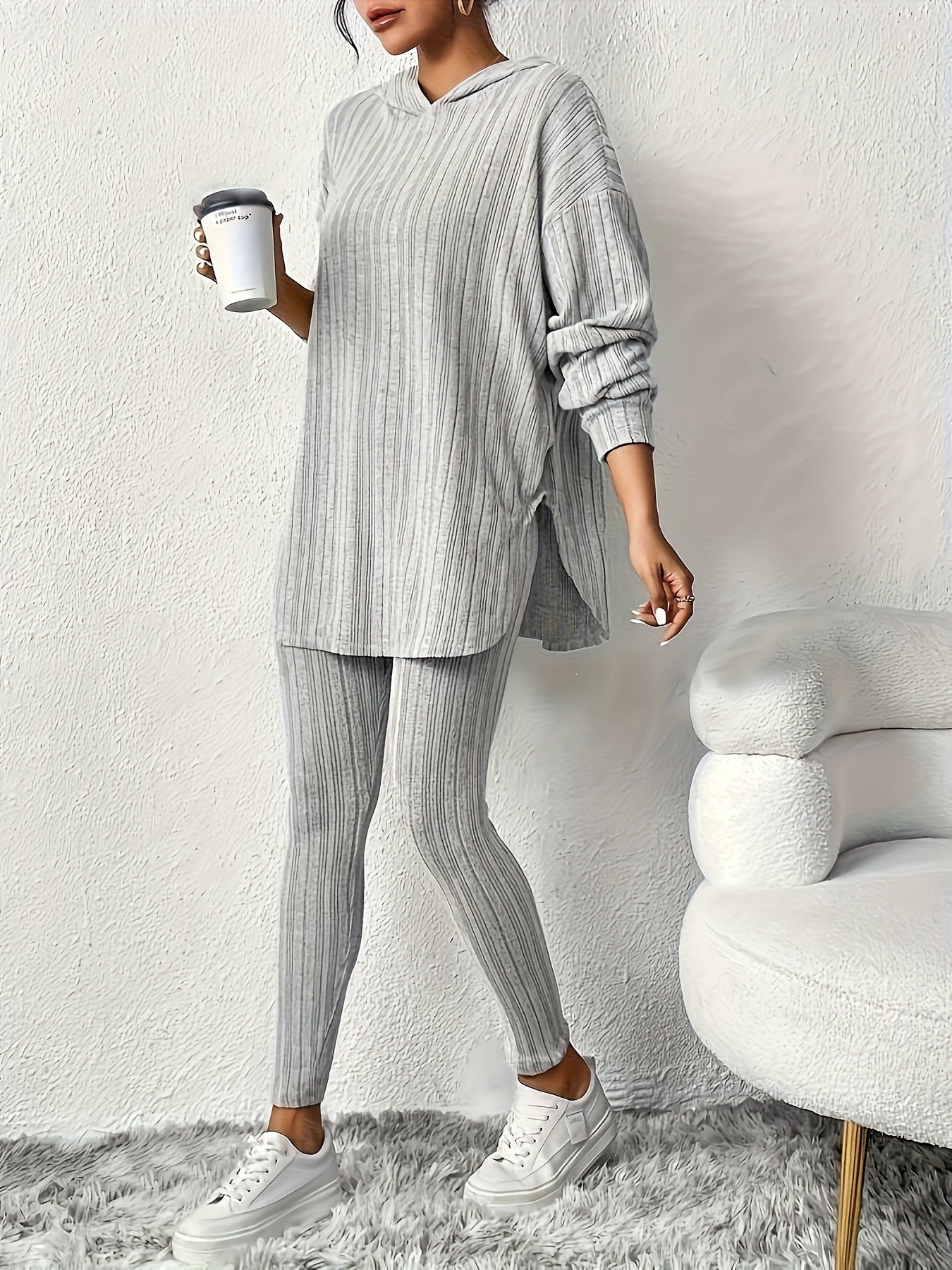 Sleek Duo, Elegant Solid Color Ribbed Hoodie & Leggings Set for Women - Long Sleeve, Polyester Blend, Machine Washable - Perfect for Spring/Fall