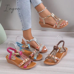 Women Wedge Sandals Summer Bohemia Rhinestones Casual Platform Sandals Female Peep Toe Outdoor Beach Shoes