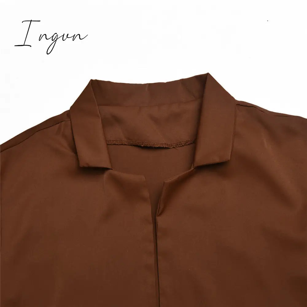 Ingvn - Turn-down Collar Button Women Two Piece Set Brown Long Sleeve Top High Waist Skirt Women Autumn Sexy Slim Office Outfits