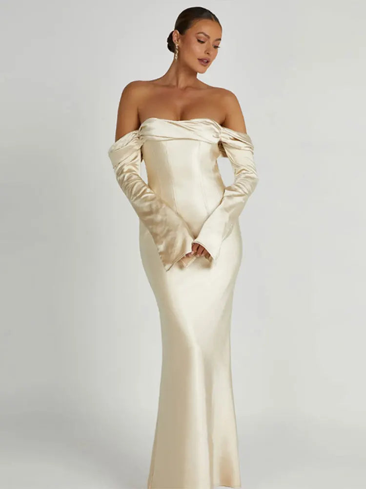 Elegant Women's Backless Satin Autumn Evening Dress Female Flare Long Sleeve Split Maxi Dress Femme Chic Slim Party Dresses