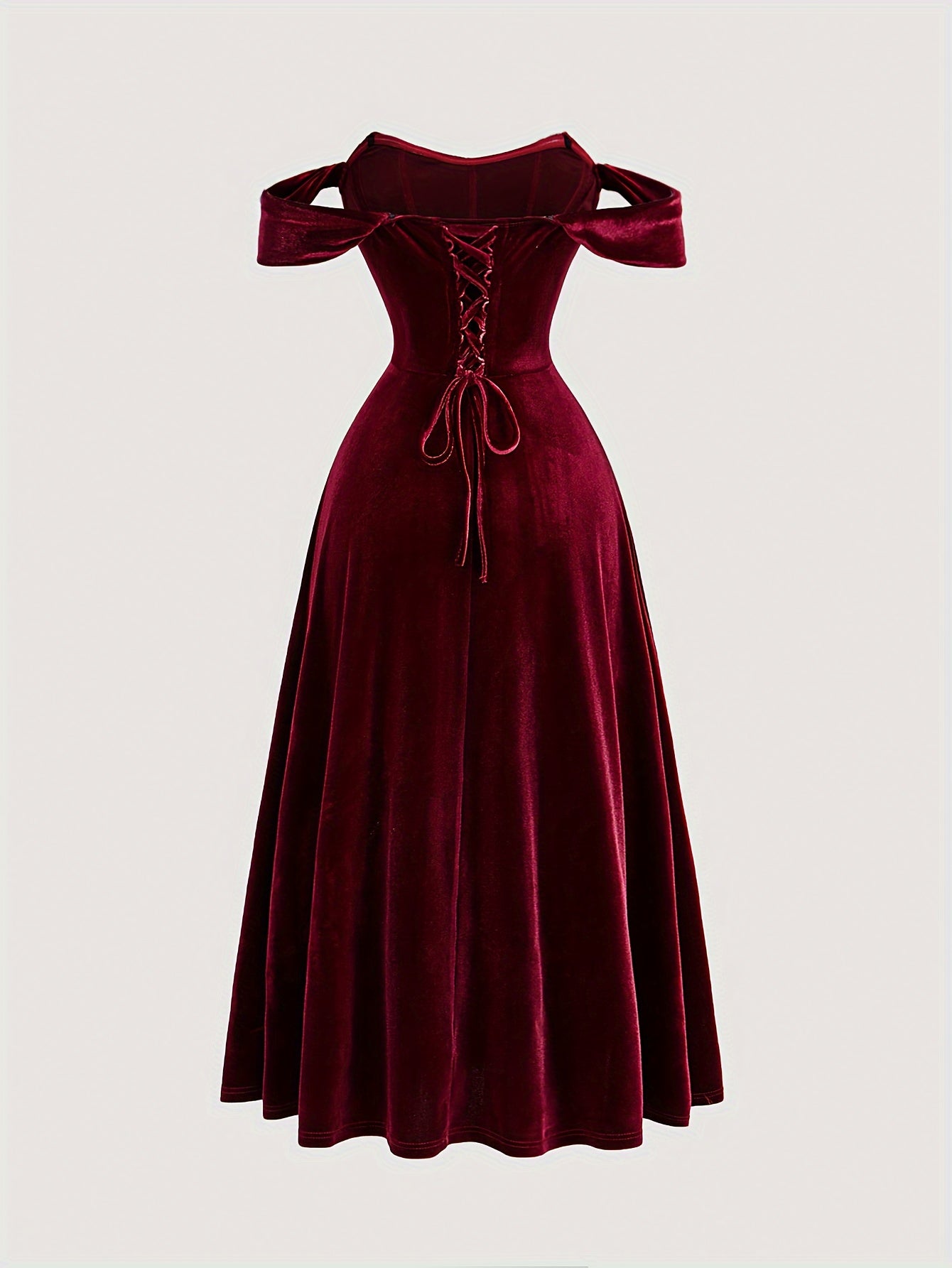 Elegant Off-Shoulder Knit Dress, 95% Polyester 5% Spandex, Solid Color Long Length Fit and Flare Gown with Tie Back Details for All Seasons