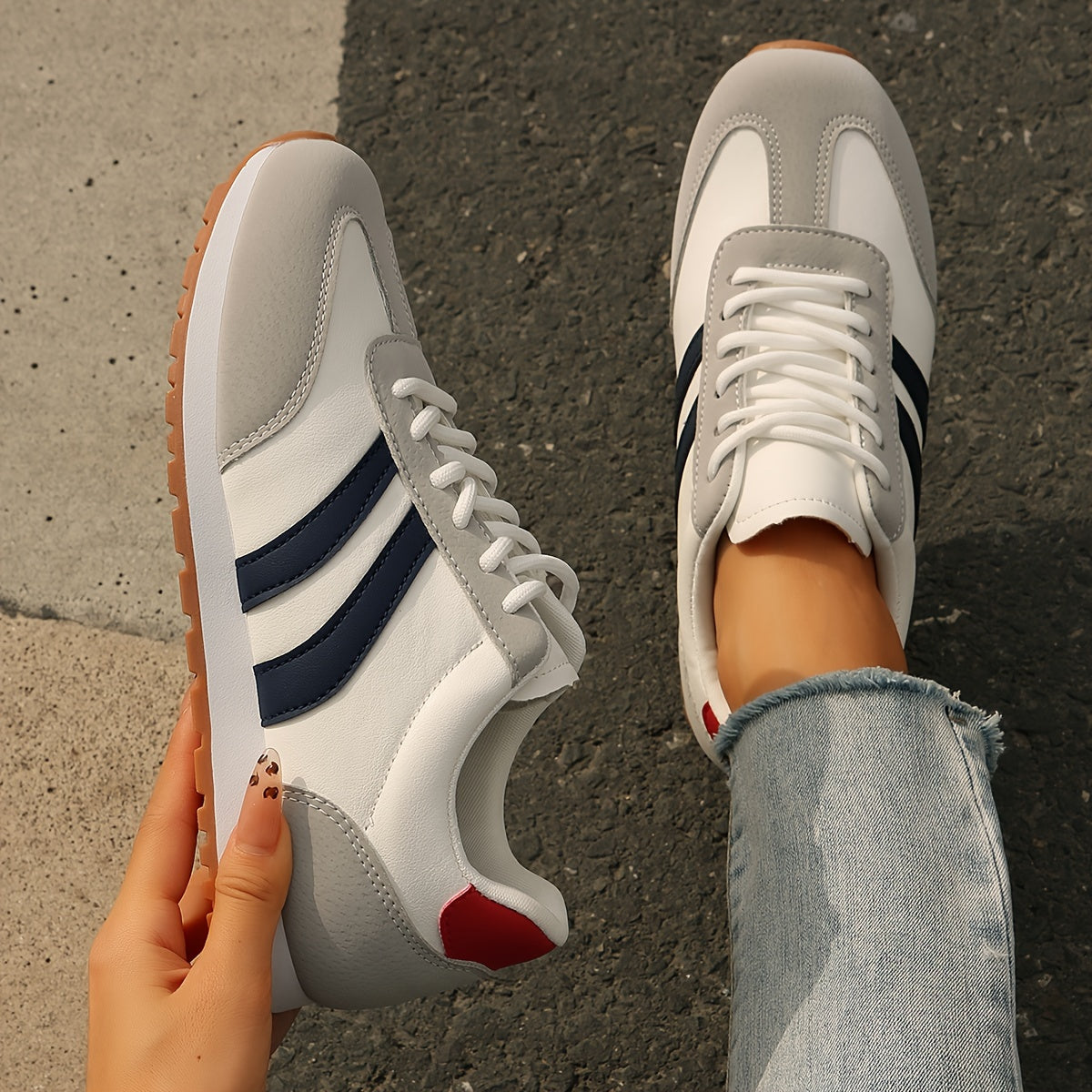 Women's Fashion Sneakers - Breathable & Lightweight, Lace-Up Casual Sneakers with Red & Blue Stripes, Comfortable Soft Sole