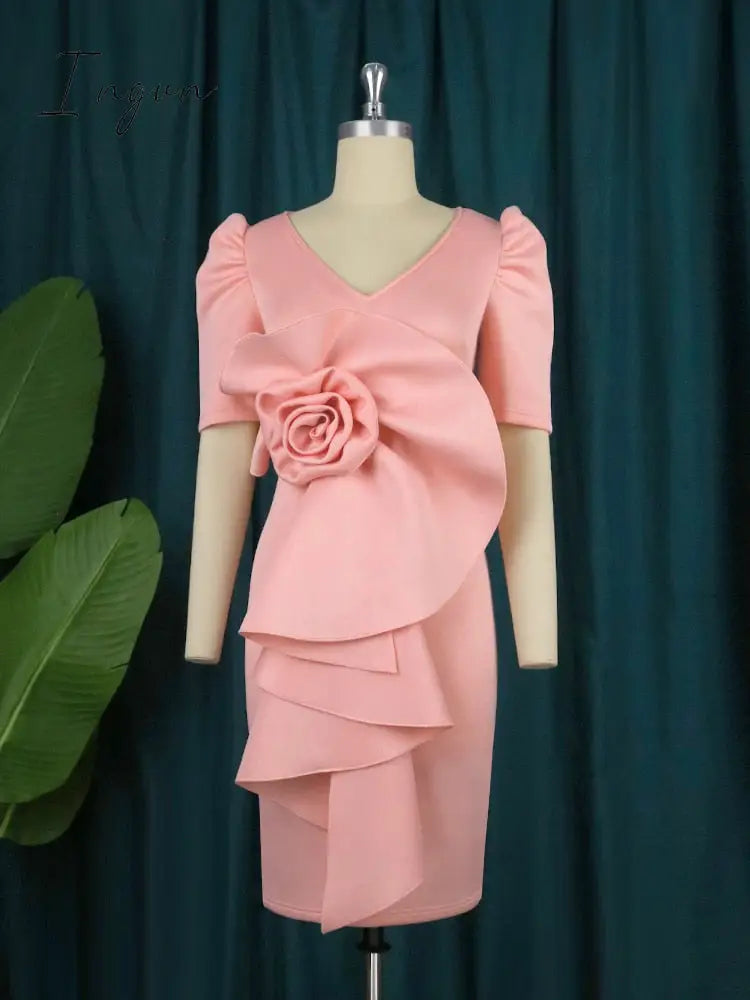 Ingvn - Pink Plus Size Dresses Women V Neck Short Puff Sleeve Big Flower Knee Length Outfits for Ladies Evening Birthday Party Gowns 4XL