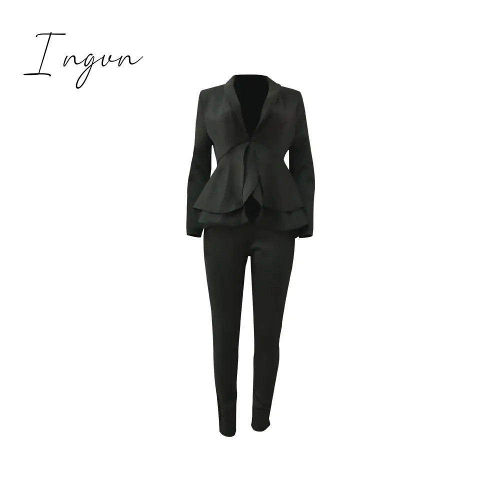 Ingvn - high quality Sexy Business Suits For Women Solid Black White Office Ladies 2 Piece Sets Scallop Design Elegant Women Suit Coat & Pants Set