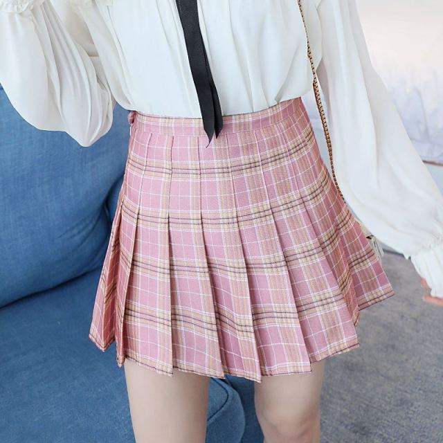 Preppy Japanese Korea Short Skirts New High Waist Mini Womens Skirts Kawaii Pink Plaid Pleated Tennis Casual Skirt