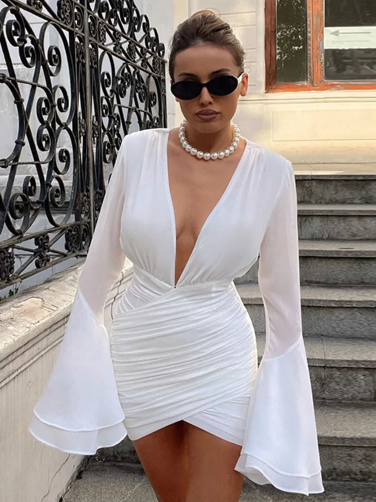 Elegant Deep V Neck Long Sleeve Sexy Mini Dress For Women Fashion White Ruched Bodycon Club Party Sexy Dress Vestidos