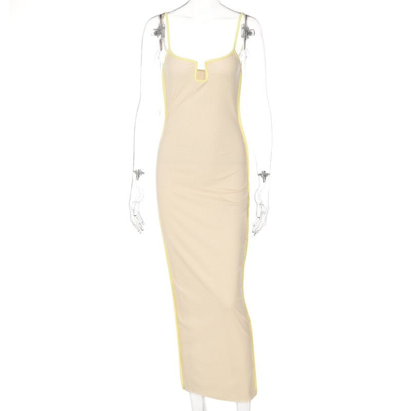 Bright Line Decoration Slip Backless U Neck Skinny Maxi Dress Spring Bodycon Fashion Y2K Streetwear Outfits