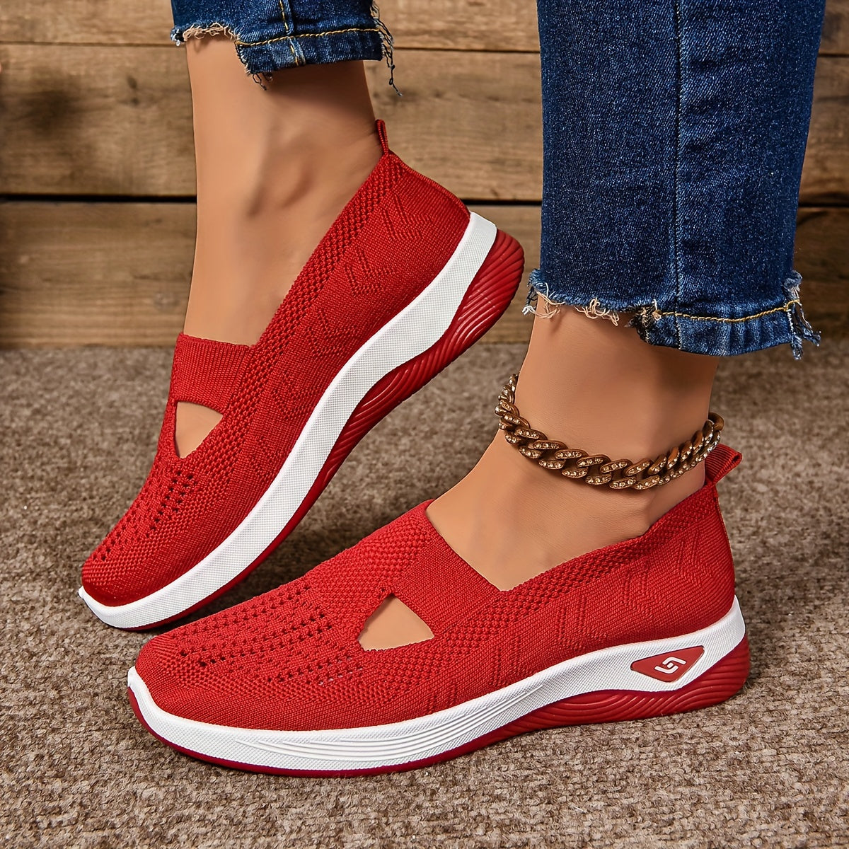Women's Cut-out Sneakers, Casual Breathable Slip On Walking Shoes, Lightweight Outdoor Flat Shoes (plus size)