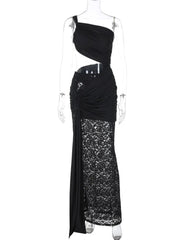 Hollow Out Lace Draped Sexy Maxi Dress For Women Gown Fashion One Shoulder Sleeveless Backless Bodycon Long Dress