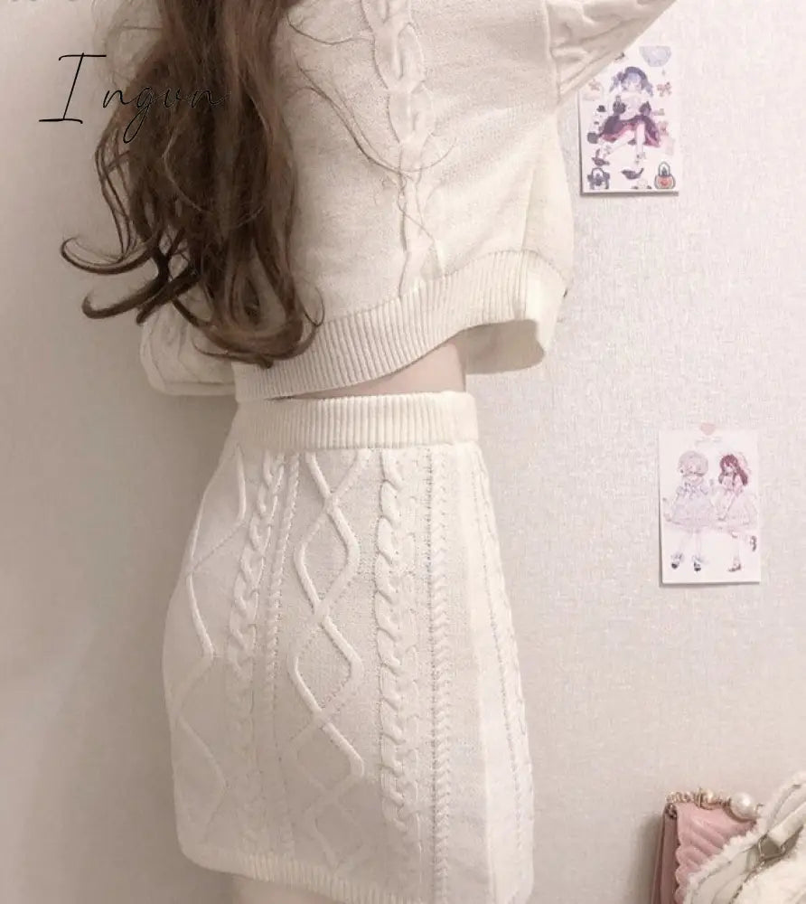 Ingvn - outfits aesthetic Autumn Winter Sweet Lolita Style Skirt Sets Japanese Girls Cute Rabbit Embroidery Kintted Sweater Skirts Spring Women 2PC Set