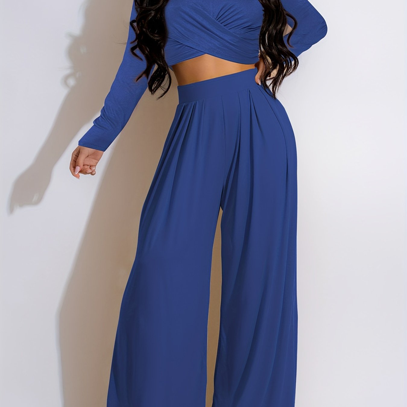 Chic Solid Twist Front Crop Top & Wide Leg Pants Set - Effortlessly Stylish Two-piece Outfit for Women - Casual Everyday Wear
