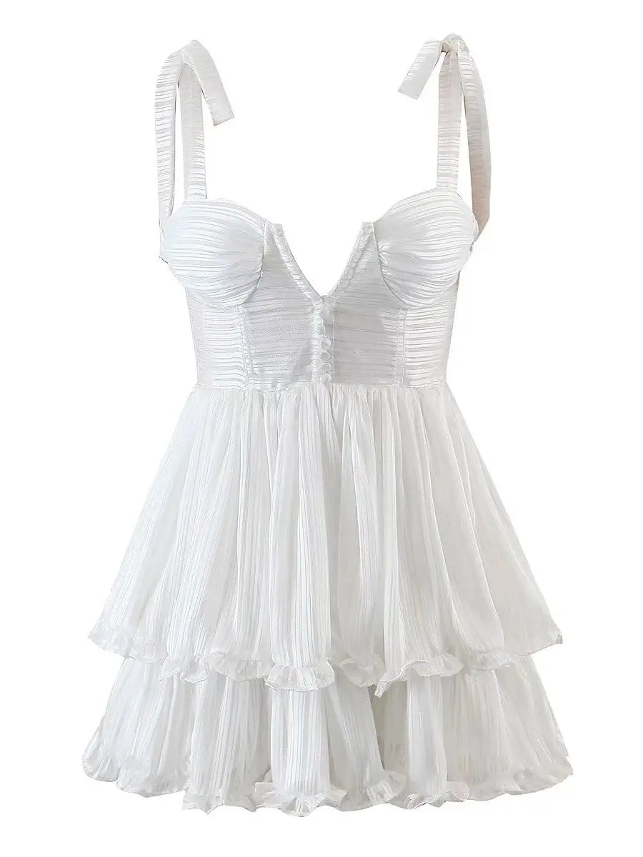 Summer Women Sexy Sling Sweet Ruffle Cake Chiffon Dress Female Holiday Party Mini Dresses Ladies Chic Robe