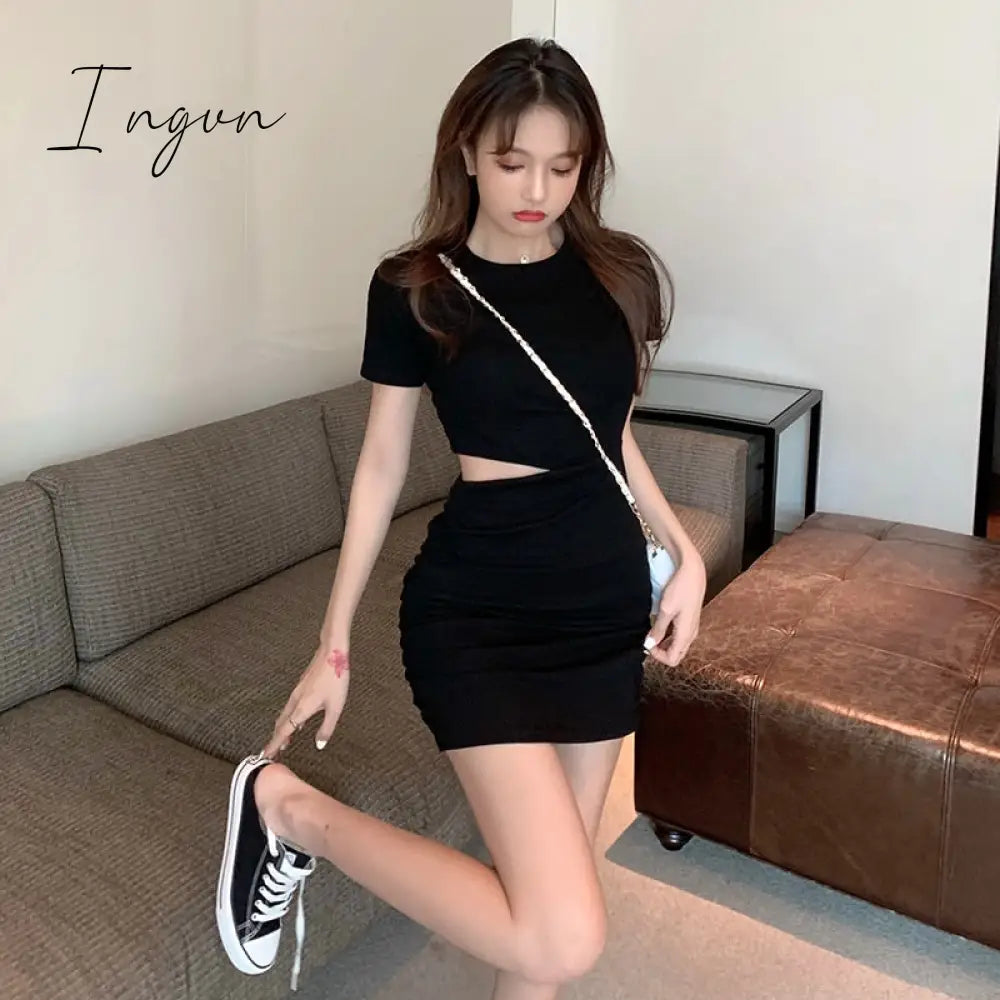 Ingvn - Spring Summer New Korean Temperament High Waist Tight  Sexy Bag Hip Hollow Out One Piece Fashion Women'S Clothing Dress