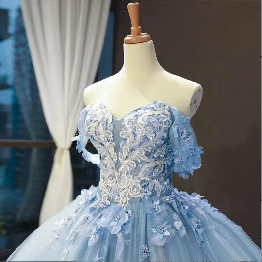 Luxury Sky Blue Lace Quinceanera Dresses Sweetherts Tulle Party Vestidos 15 Anos Vintage Ball Gown Quinceanera Gown