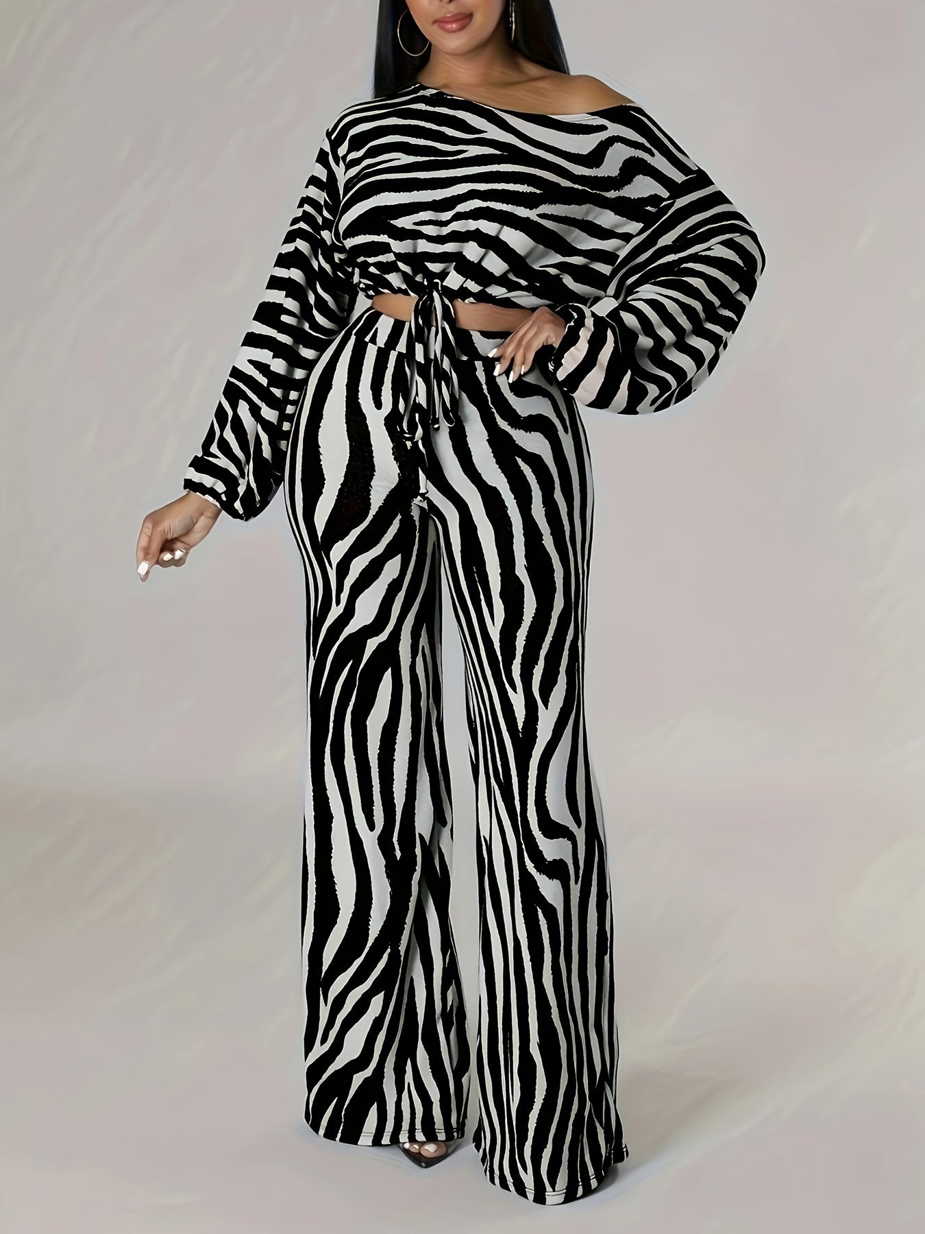 Long Sleeve Cut Out Crop Top & Wide Leg High Waist Pants Set, Zebra Pattern Elegant Outfits, Women's Clothing