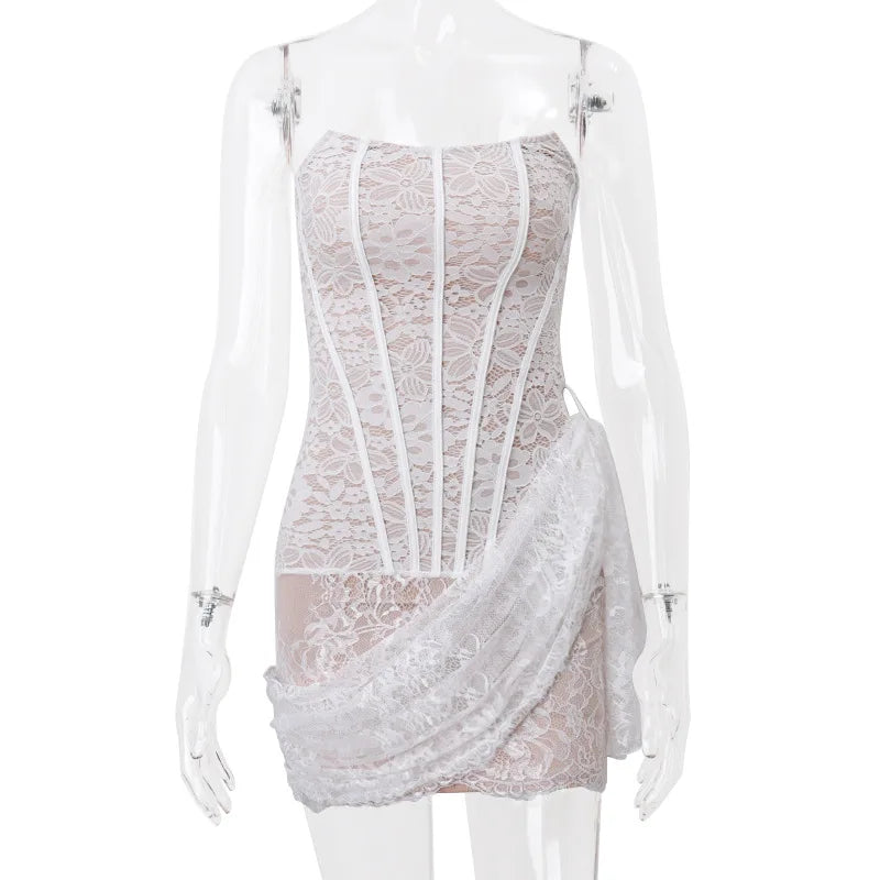 White Lace Strapless Sexy Dress For Women Robes Elegant Evening Party Dress Bodycon Mini Summer Dress Vestidos