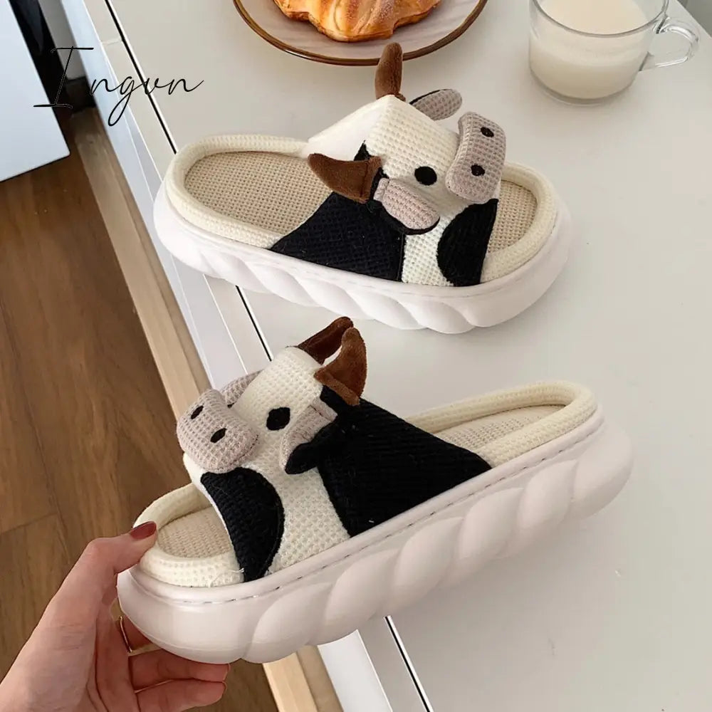 Ingvn - Women's Slippers Summer Four Seasons Indoor Home Sandals and Slippers Cute Cartoon Milk Cow House Slippers Funny Shoes