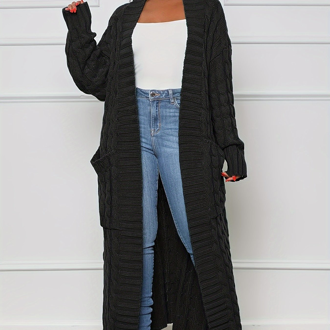 Elegant Long Sleeve Halter Neck Cardigan – Winter-Warm Knit Sweater with Pockets for Women, Durable & Easy Care