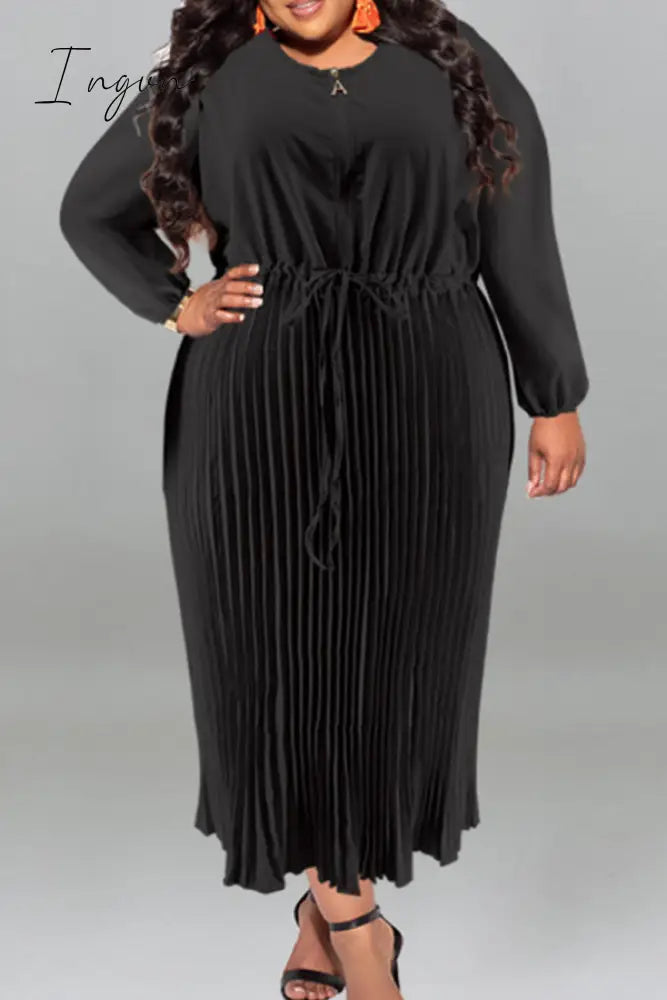 Ingvn - Gold Casual Street Solid Patchwork Draw String Zipper Pleated O Neck Long Sleeve Plus Size Dresses