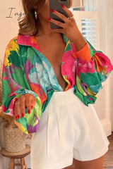 Ingvn - Casual Print Patchwork Turndown Collar Blouses(4 Colors)