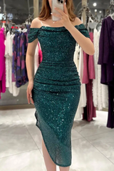 Ingvn - Sexy Solid Sequins Slit Off the Shoulder Evening Dress Dresses