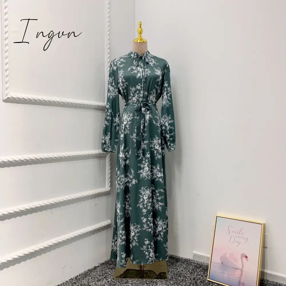 Ingvn - New Morocco Long Dress Muslim Women Flowers Printed Silky Long Abayas Robes Fancy Maxi Dress French Stylish Islamic Dress Belt