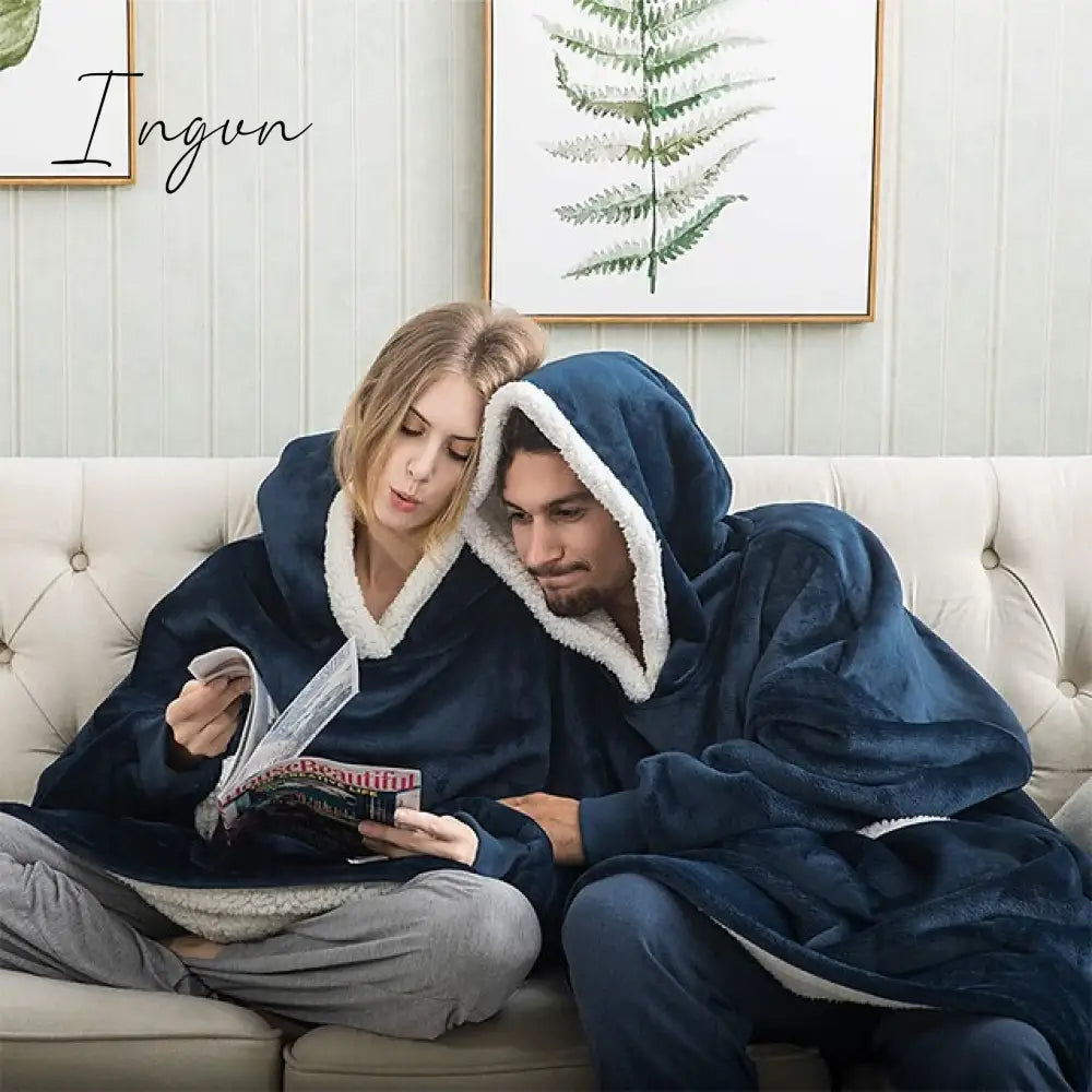 Ingvn - Women‘s Couple‘s Pajamas Nightgown Hoodie Blanket Wearable Blanket Christmas Grid / Plaid Pure Color Plush Simple Comfort Home Party Fleece Warm Gift Patchwork Pocket Fall Winter Black Gray