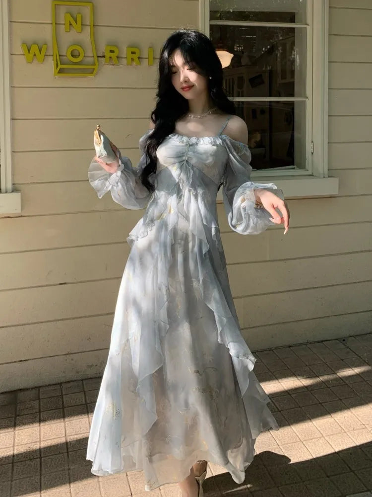 Autumn French Print Fairy Long Dresses for Women Elegant Off Shoulder Ruffles A-Line Birthday Party Dress One Piece Vestidos New