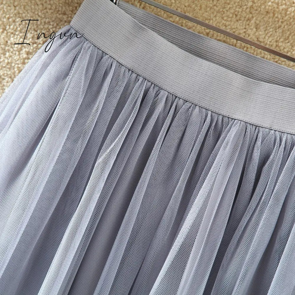 Ingvn - Autumn Winter Vintage Tulle Skirt Women Elastic High Waist Mesh Skirts Long Pleated Tutu Skirt Female Jupe Longue