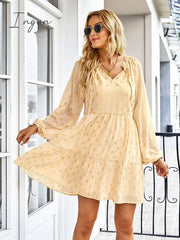 Ingvn - Ladies Vintage Dot Print Short Spring Autumn Boho Chiffon Dress Women Casual Party Dress Women Sundress Female Robe Vestidos