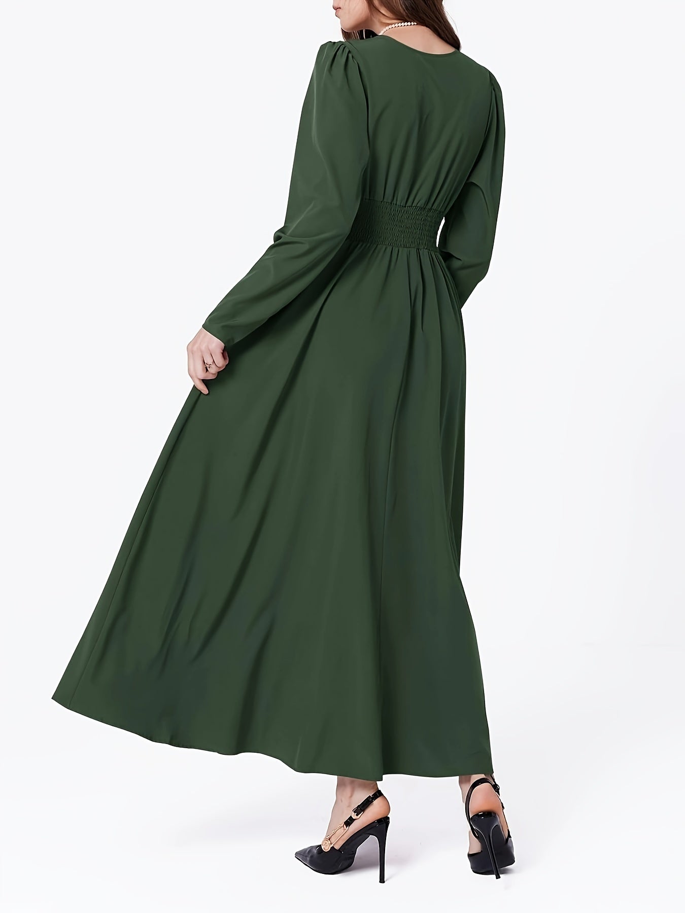 Deep V Neck Button Waist Dress, Elegant Long Sleeve Maxi Dress For Cocktail & Wedding Party, Women's Clothing
