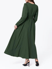 Deep V Neck Button Waist Dress, Elegant Long Sleeve Maxi Dress For Cocktail & Wedding Party, Women's Clothing