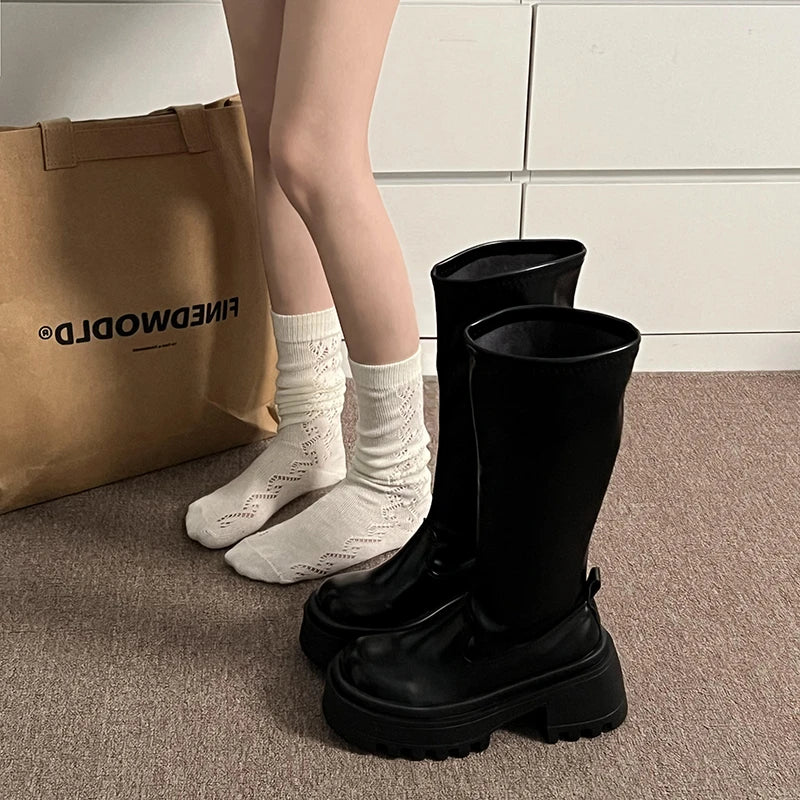 Ingvn  Winter Punk Style Women Knee High Boots Fashion Slip On Platform Long Booties Designer Square Heels Botas De Mujer