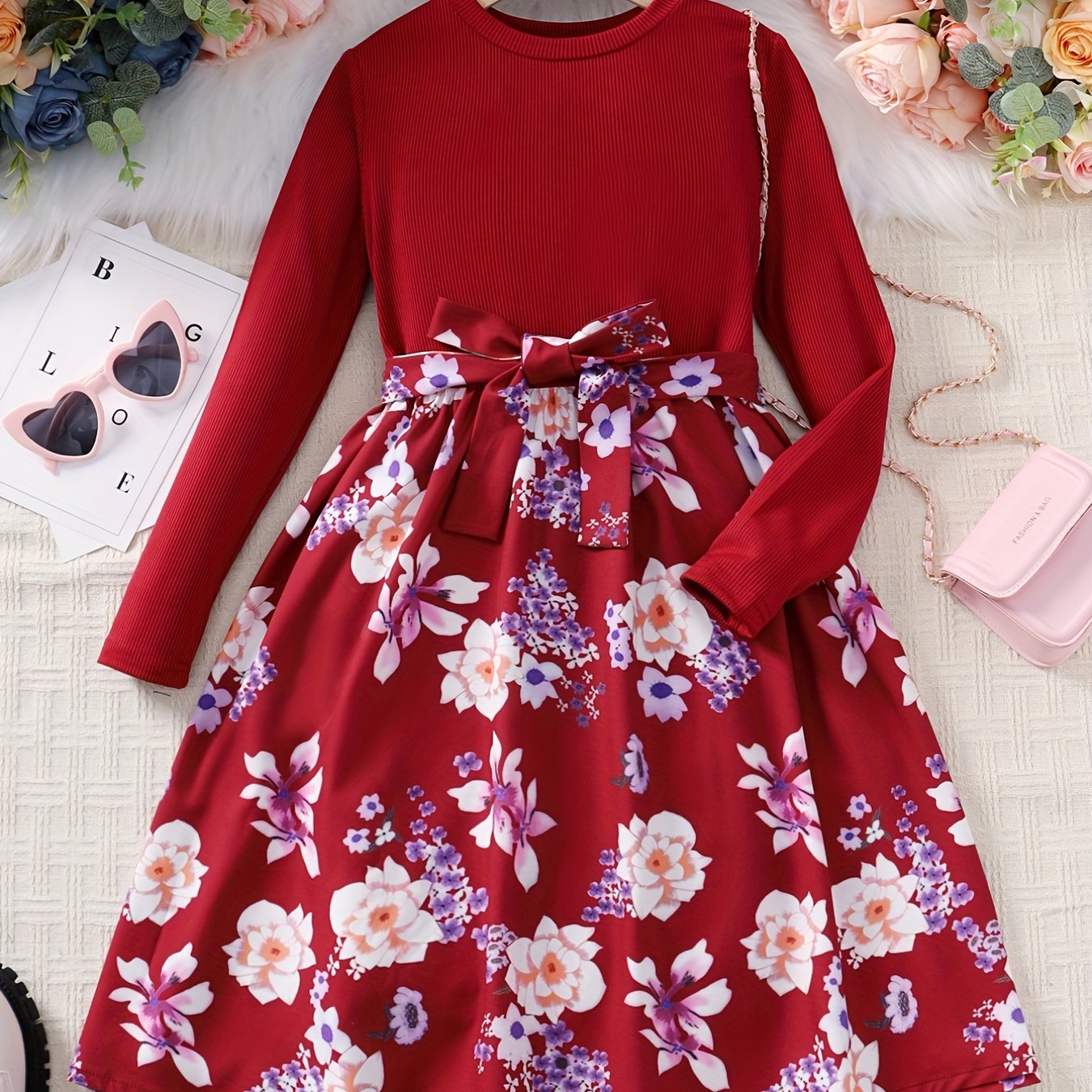 Adorable Floral Belted Dress for Girls - Long Sleeves, Round Neck, Splicing Design, Party-Perfect, Spring Collection, Kids' Clothing