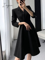 Ingvn - Elegant Dresses for Women Long Sleeve Streetwear Fashion Dress Slim Fit Solid Button Midi Notched 2023 New Spring Summer Dress