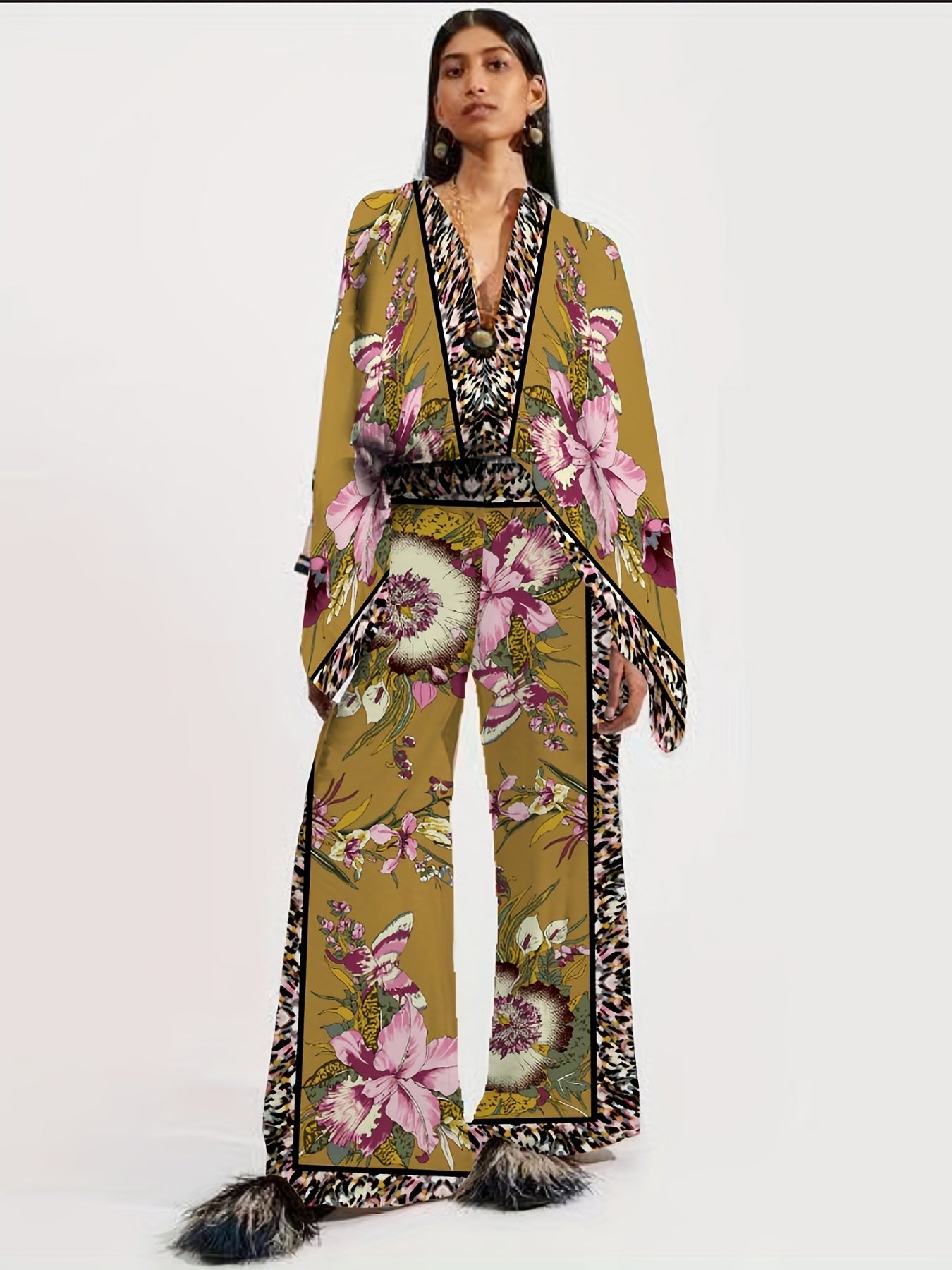 Two-piece Set, Long Sleeve Ethnic Print High Waist Wide Leg Pants Outfits, Button Front Blouse Women's Clothing