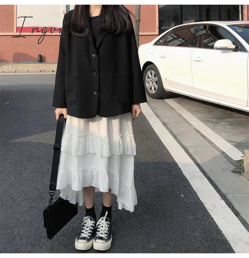 Ingvn - Midi Long Skirts Womens Maxi Skirt Goth Lolita Summer High Waisted Asymmetrical High Low Ruched Ruffle Skirts rok