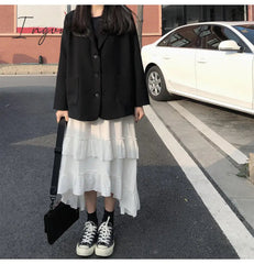 Ingvn - Midi Long Skirts Womens Maxi Skirt Goth Lolita Summer High Waisted Asymmetrical High Low Ruched Ruffle Skirts rok