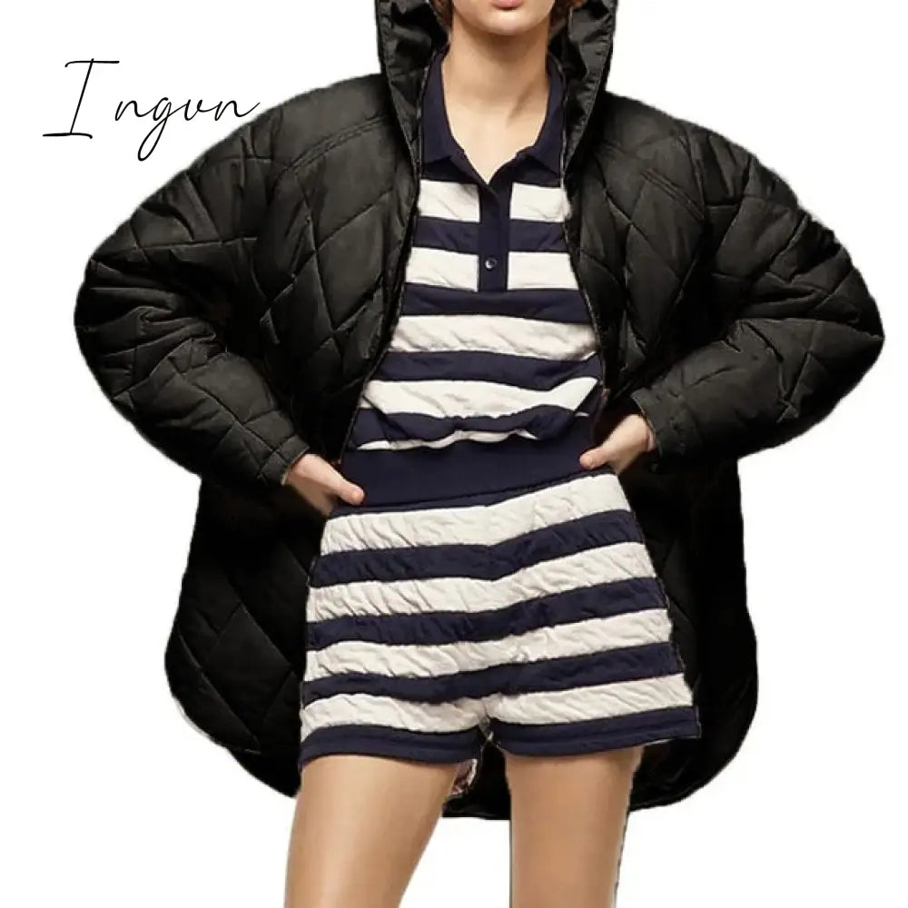Ingvn - New Winter Oversize Fashion Vintage Plaid Hooded Parka Women Casual Pockets Cotton Jackets Coat Loose Long Outwear Female
